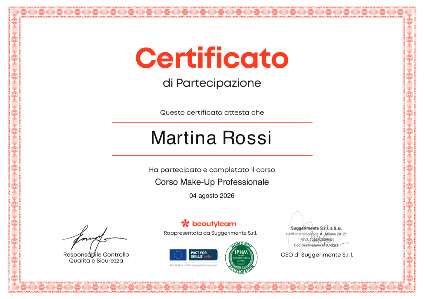 Anteprima attestato BeautyLearn intestato a Martina Rossi per Corso completo Make-up Artist di Scuola Make Up