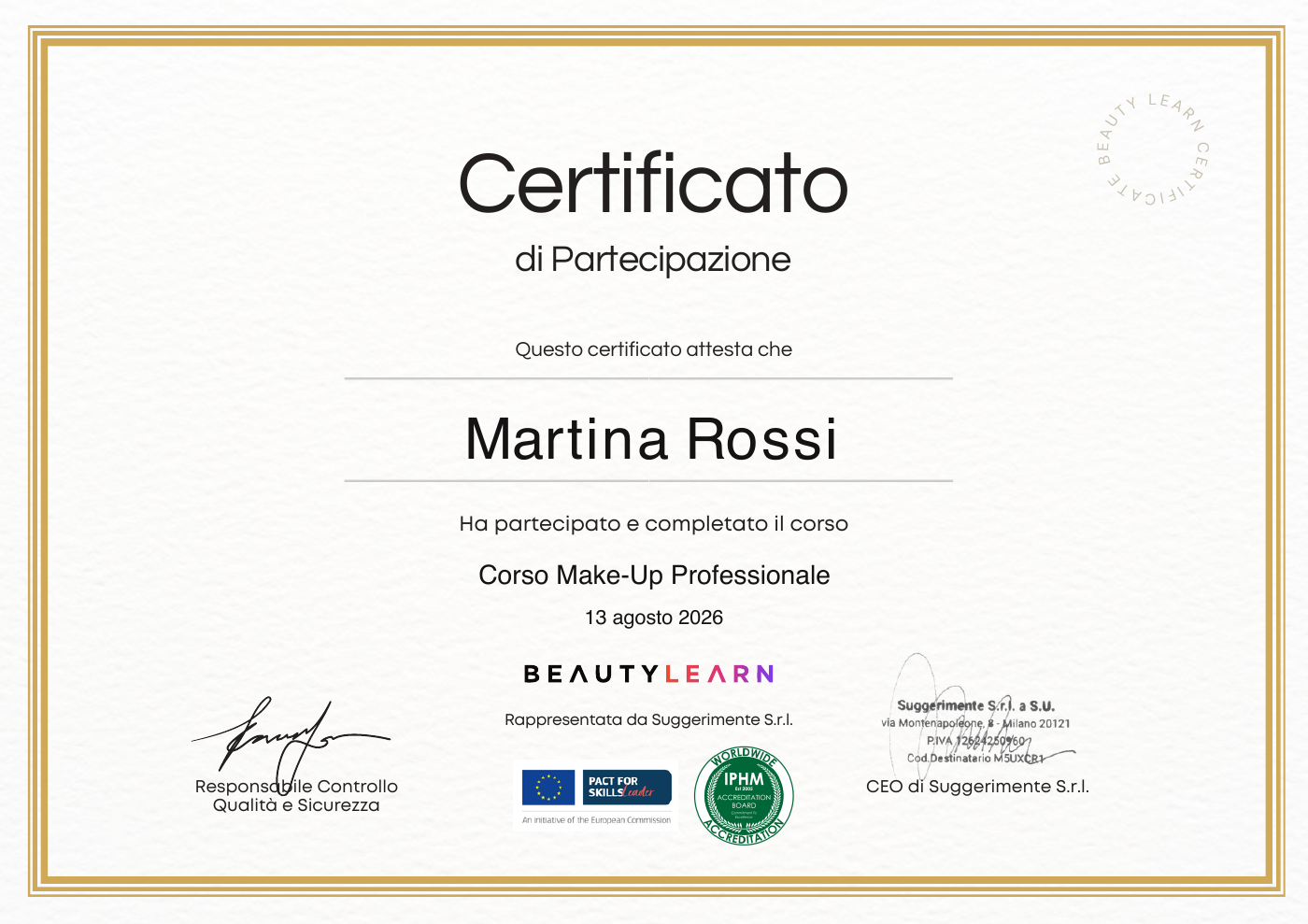 Anteprima attestato BeautyLearn intestato a Martina Rossi per Corso completo Make-up Artist di Scuola Make Up
