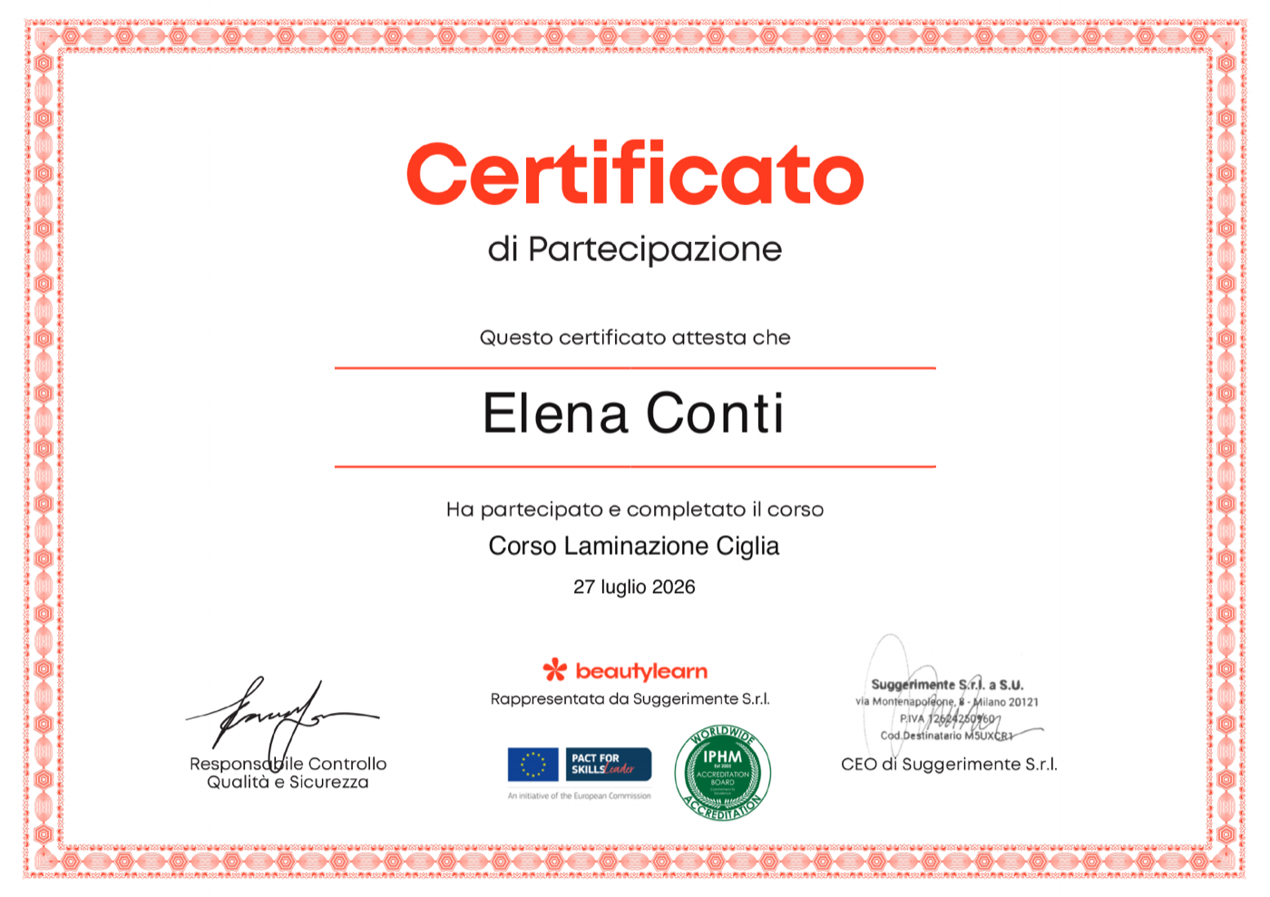 Anteprima attestato BeautyLearn intestato a Elena Conti per Corso Base Gel Unghie 1° Livello