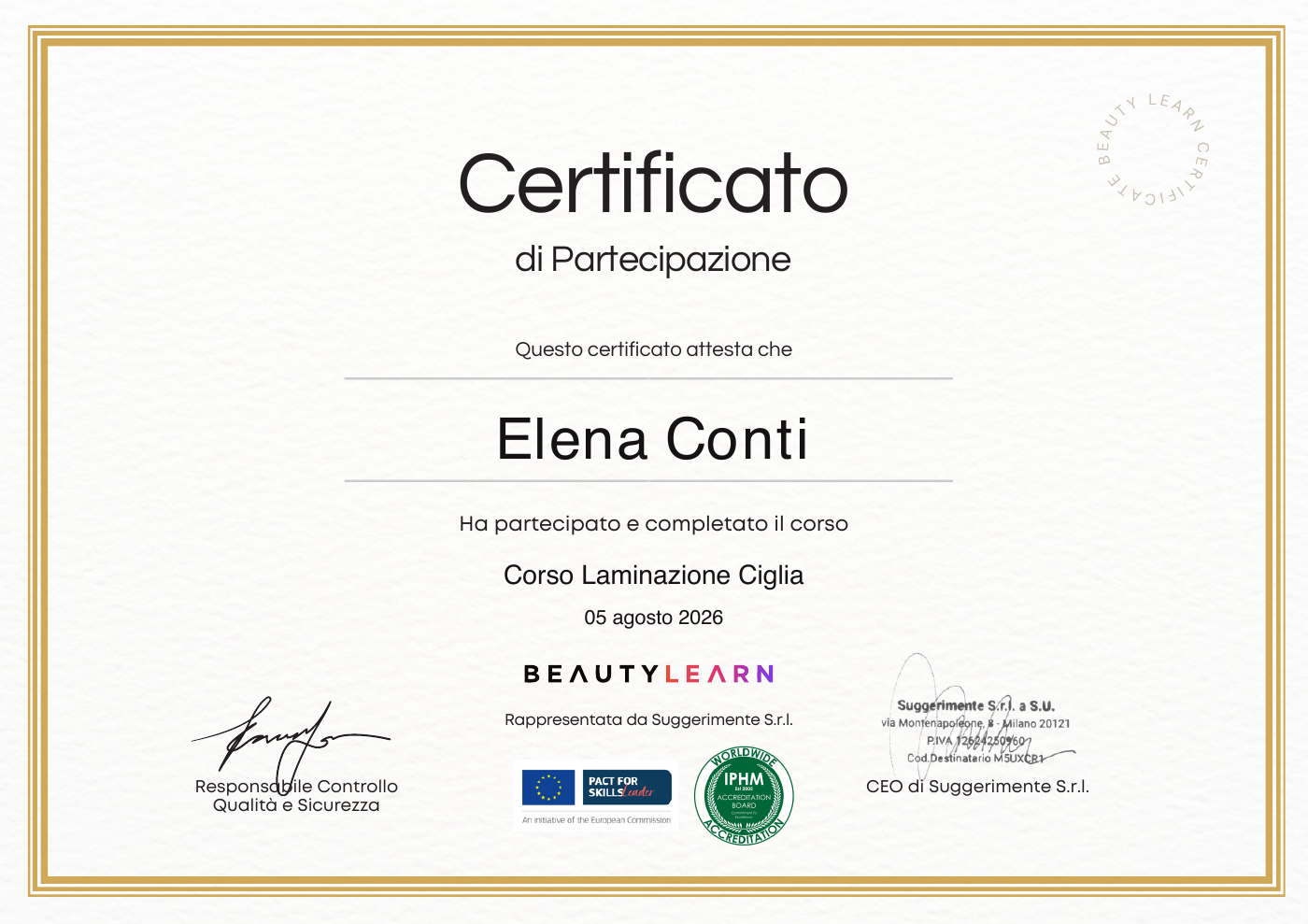 Anteprima attestato BeautyLearn intestato a Elena Conti per Cosmesi Naturale