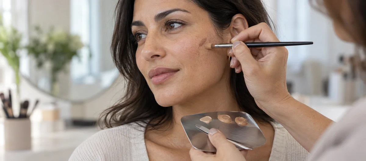 Applicazione precisa di camouflage color pelle sulla guancia con pennello piccolo e palette pulita