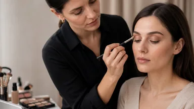 Make-up artist applica un ombretto neutro sulla palpebra della modella con un pennello da sfumatura