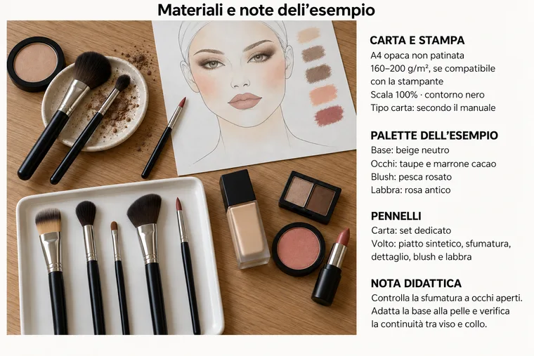 Pennelli per la carta sul piatto, pennelli per il volto sul vassoio e campioni accanto alla chart