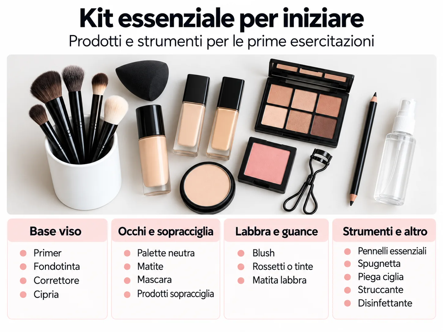 Pennelli, prodotti per base e occhi, blush, spugnetta, piegaciglia e struccante