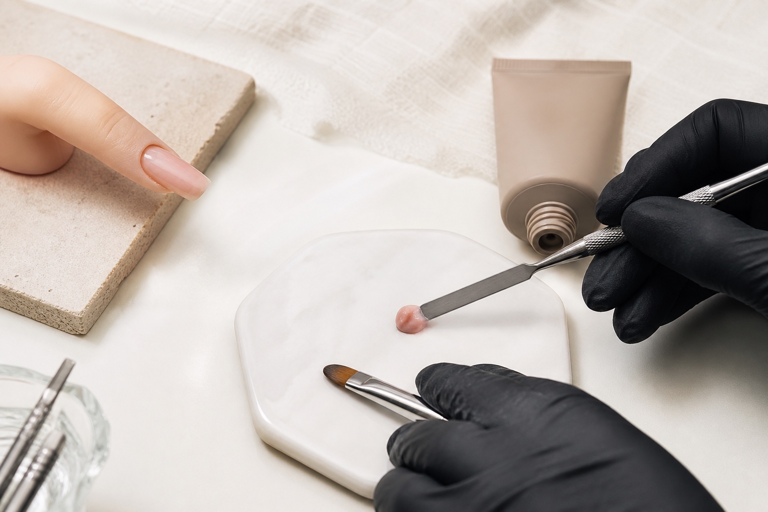 Onicotecnica porziona una piccola quantità di acrygel denso con spatola e pennello