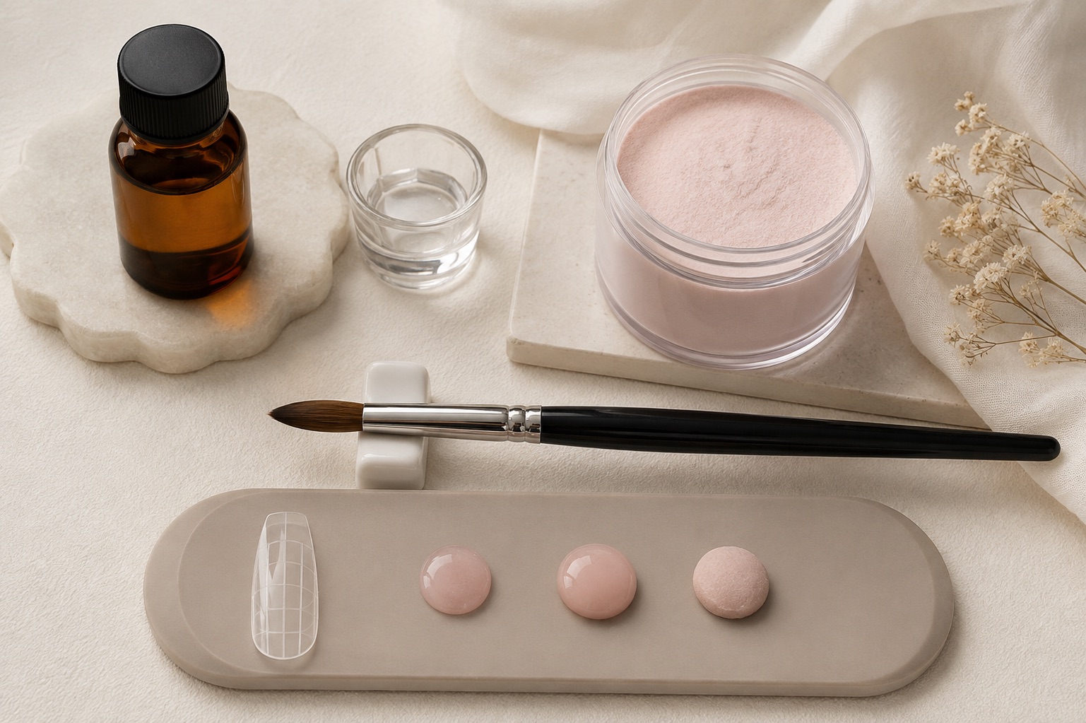 Professional acrylic nail system with liquid monomer, polymer powder, oval brush and three practice bead consistencies