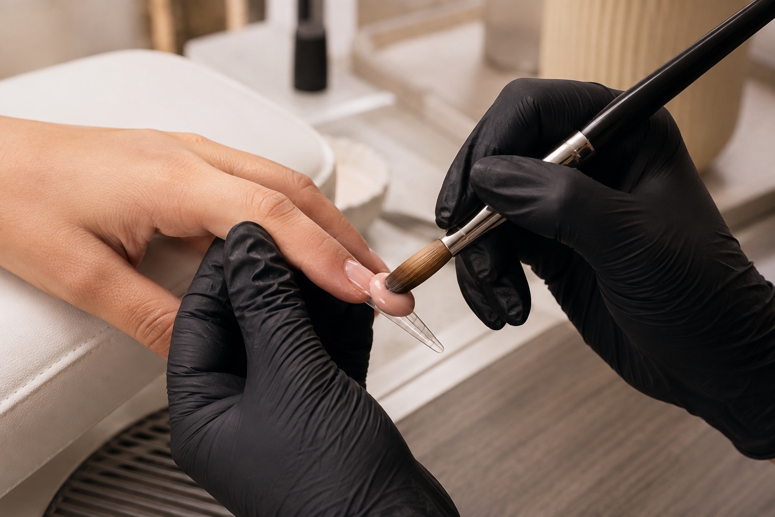 Nail technician in black gloves guiding a controlled pale pink acrylic bead with an oval brush