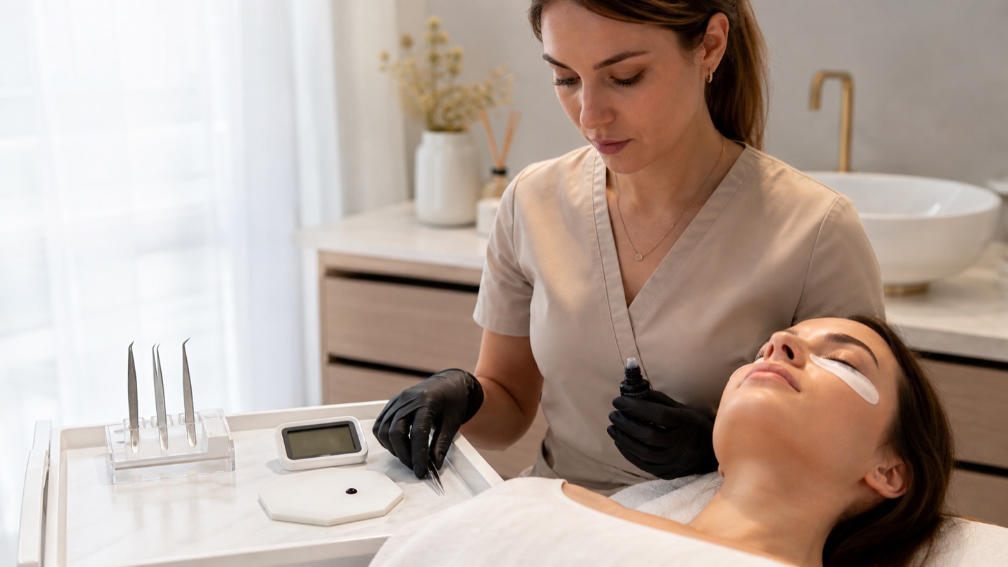 Lash artist adulta controlla adesivo, goccia e condizioni ambientali accanto a una cliente adulta con occhi chiusi e pad protettivi