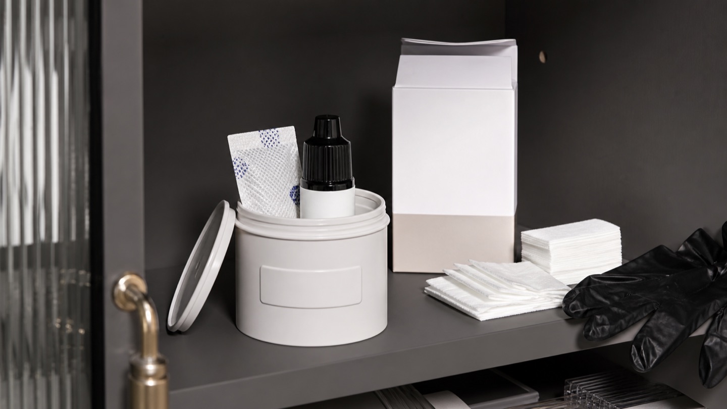 Flacone adesivo extension conservato verticale in contenitore protetto con confezione, essiccante, guanti e materiali di tracciabilità