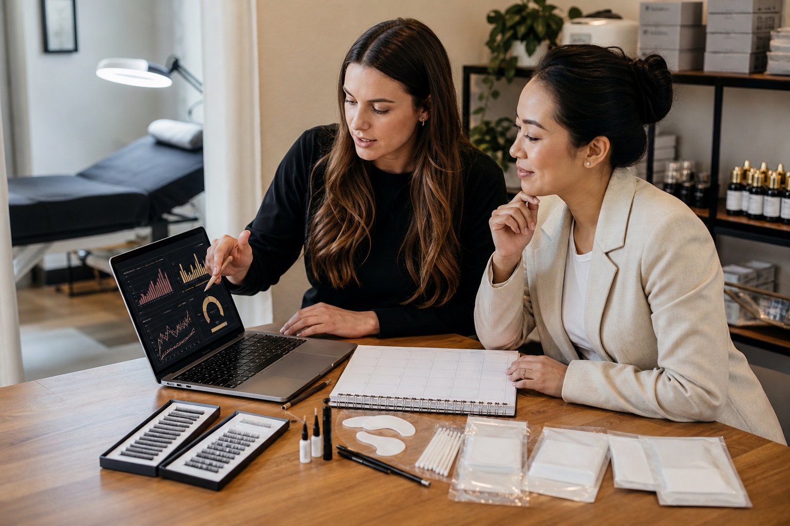 Lash maker adulta e consulente confrontano agenda, materiali e grafici economici astratti