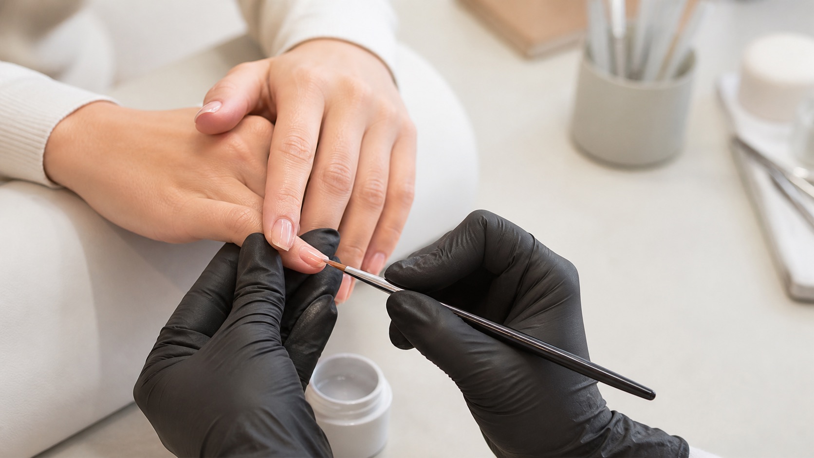 Onicotecnica con guanti applica gel con precisione sulla lamina senza toccare la pelle