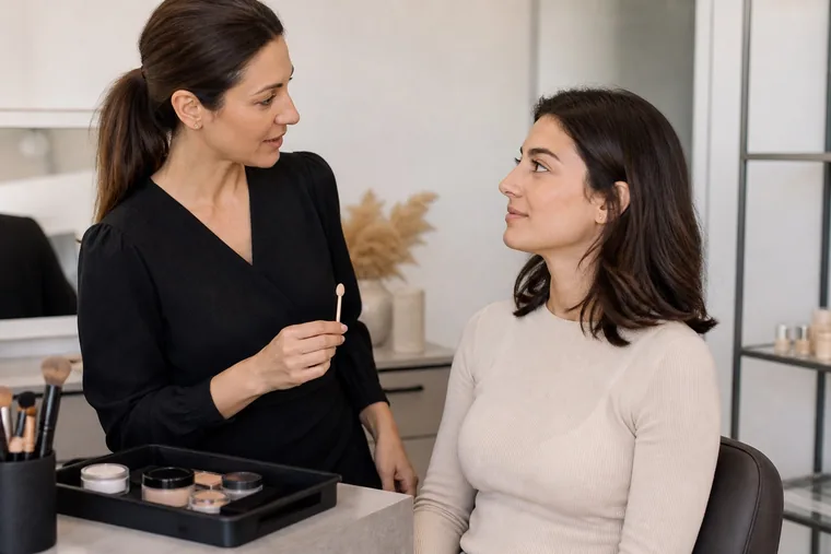 Una make-up artist sospende il gesto e ascolta la cliente alla postazione di trucco