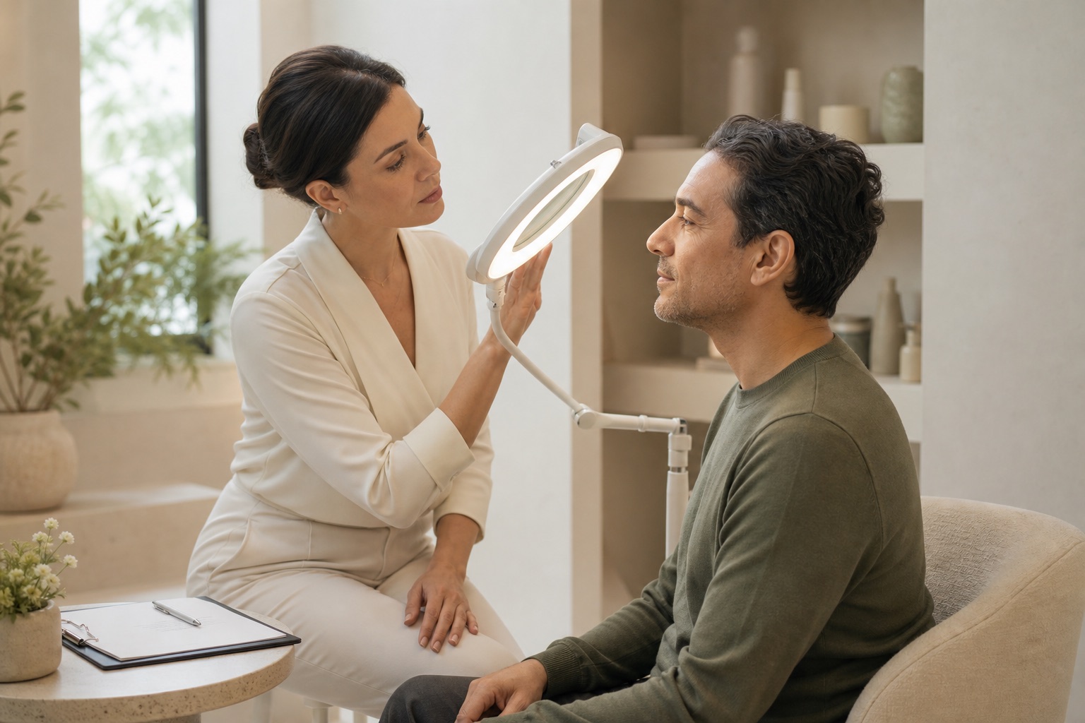 Professionista beauty osserva la pelle del viso di un cliente con luce neutra e compila una scheda cosmetologica