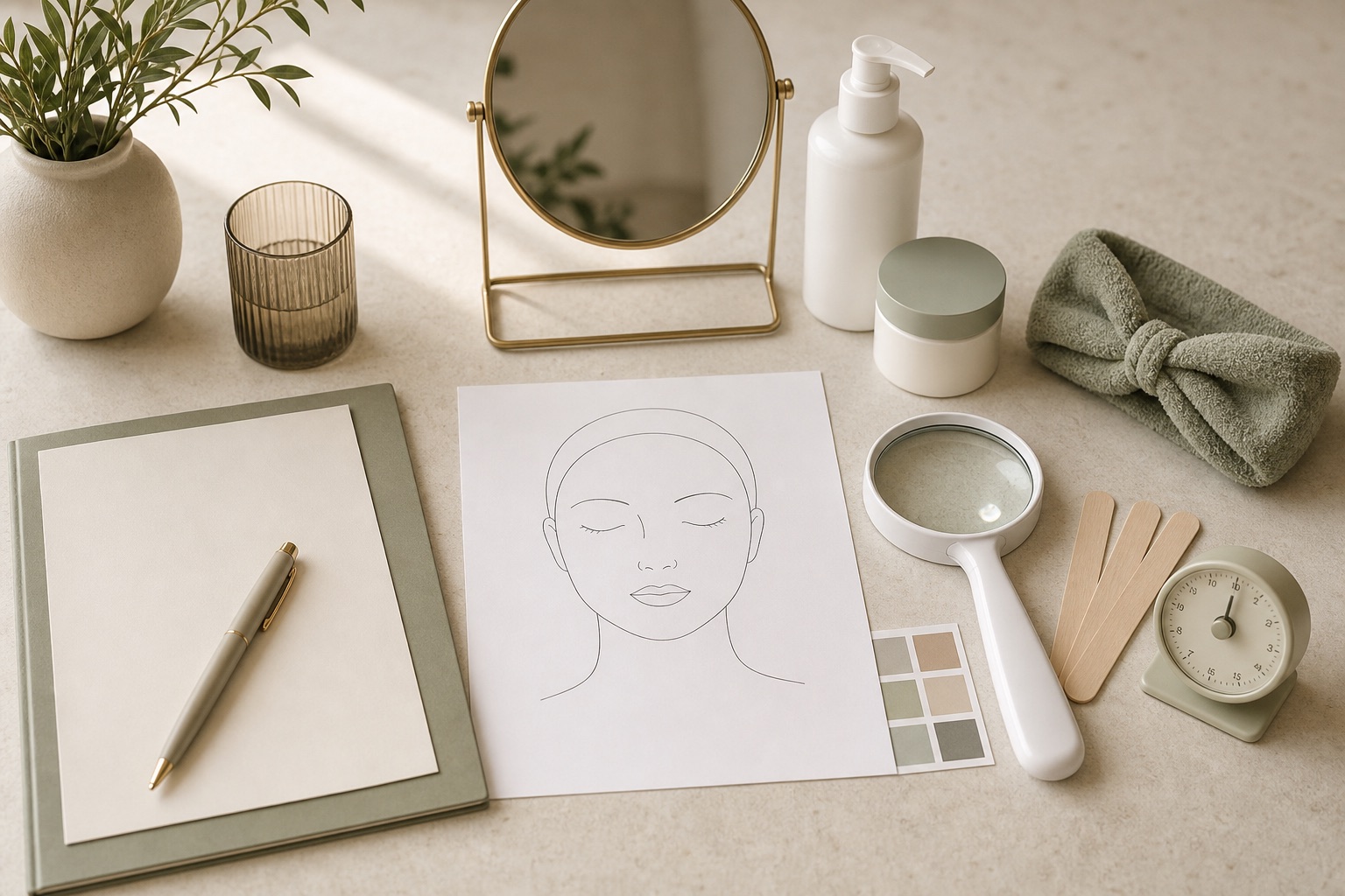 Scheda viso, penna, specchio, lente, timer, fascia, spatole e cosmetici senza marchio disposti per una consulenza professionale