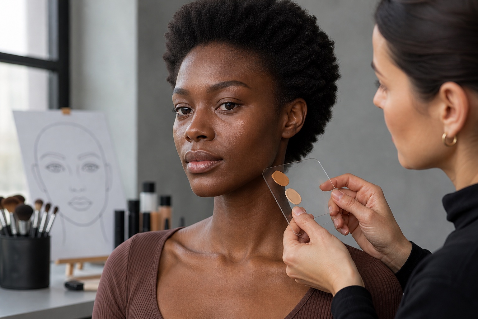 Make-up artist adulta osserva proporzioni e volumi del viso di una modella adulta con pelle scura in luce neutra