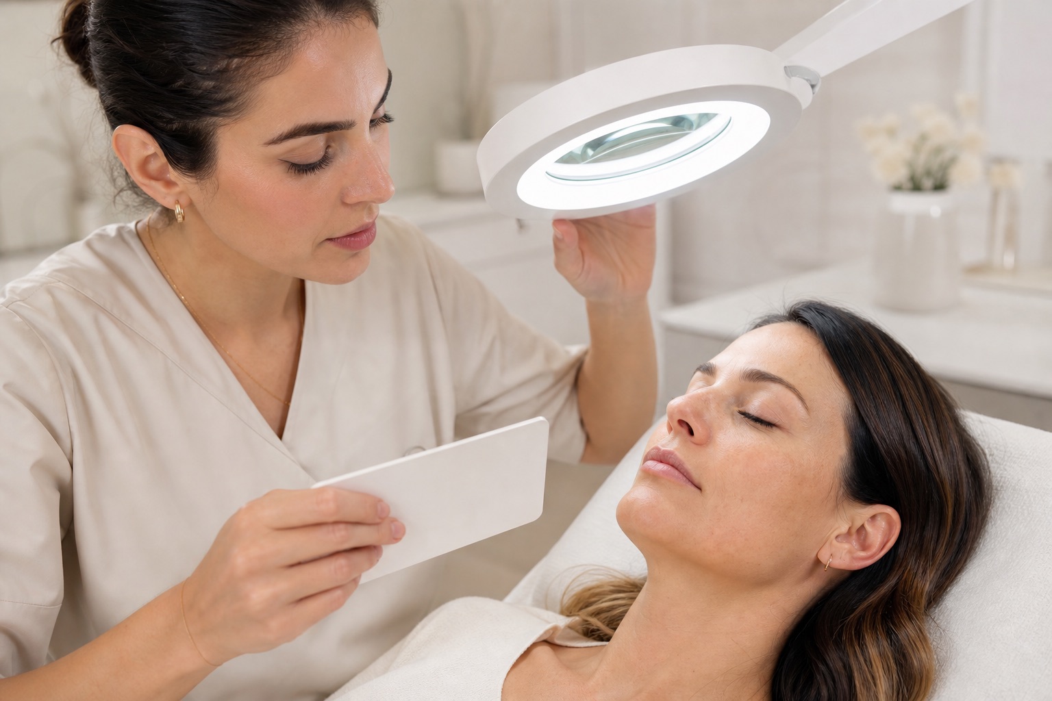 Professionista adulta osserva le ciglia naturali di una cliente adulta con una lampada a lente prima di qualsiasi servizio e tiene una scheda di valutazione