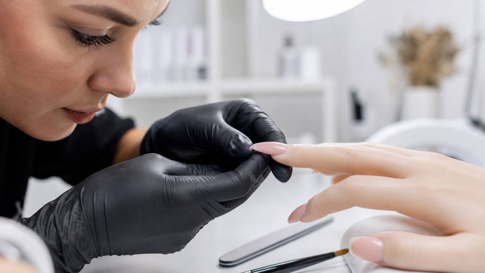 Professional nail technician examines the side profile of a nude enhancement to locate and correct the apex