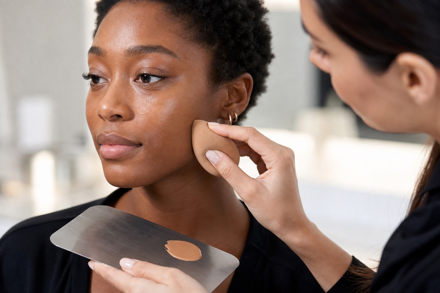 Make-up artist adulta applica fondotinta in strati sottili con una spugna pulita sul viso di una modella adulta