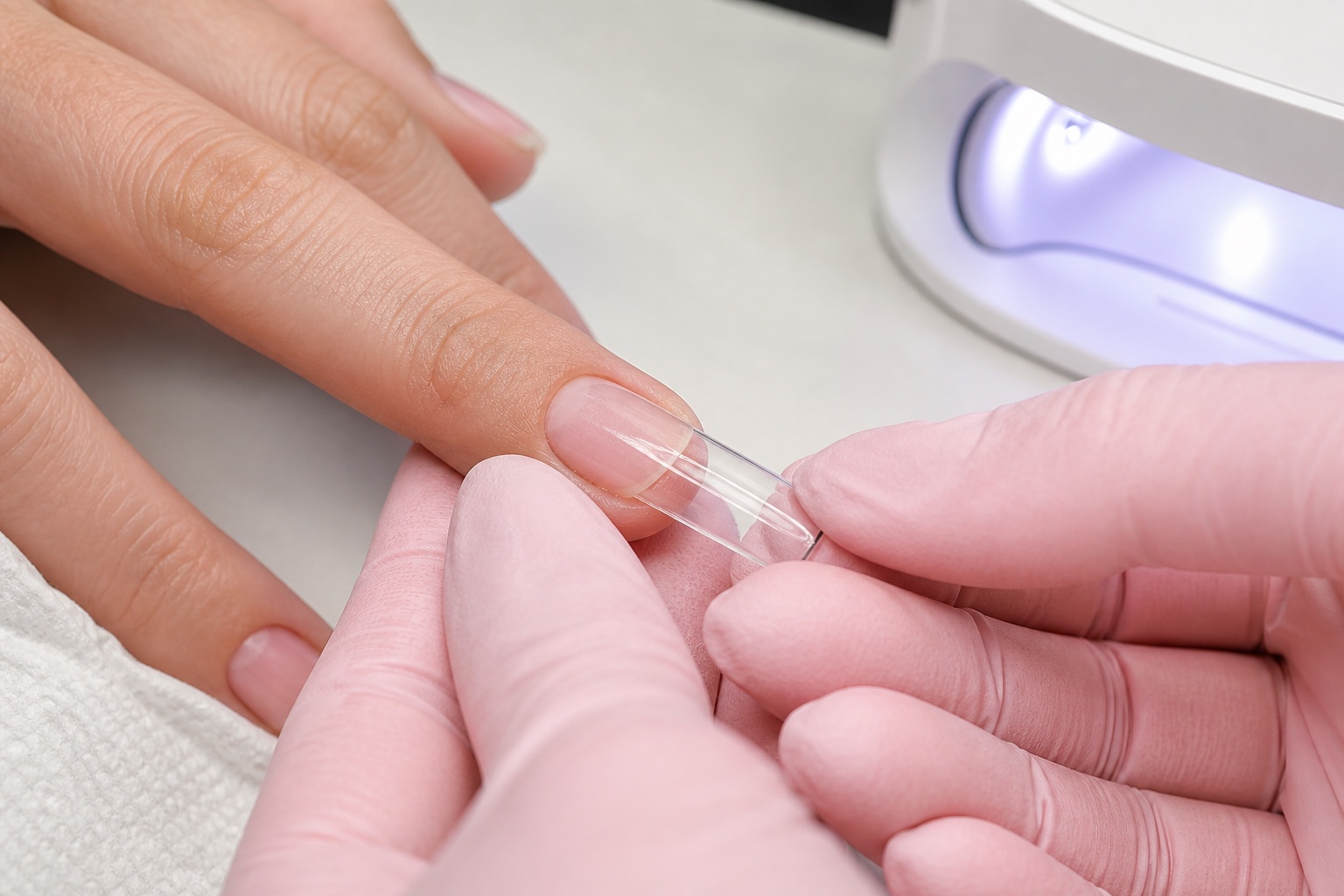 Onicotecnica applica una gel tip full-cover trasparente con angolo controllato prima della flash cure