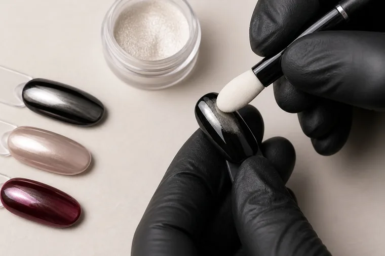 Applicatore in spugna distribuisce polvere su una tip nera; accanto, campioni di finiture diverse