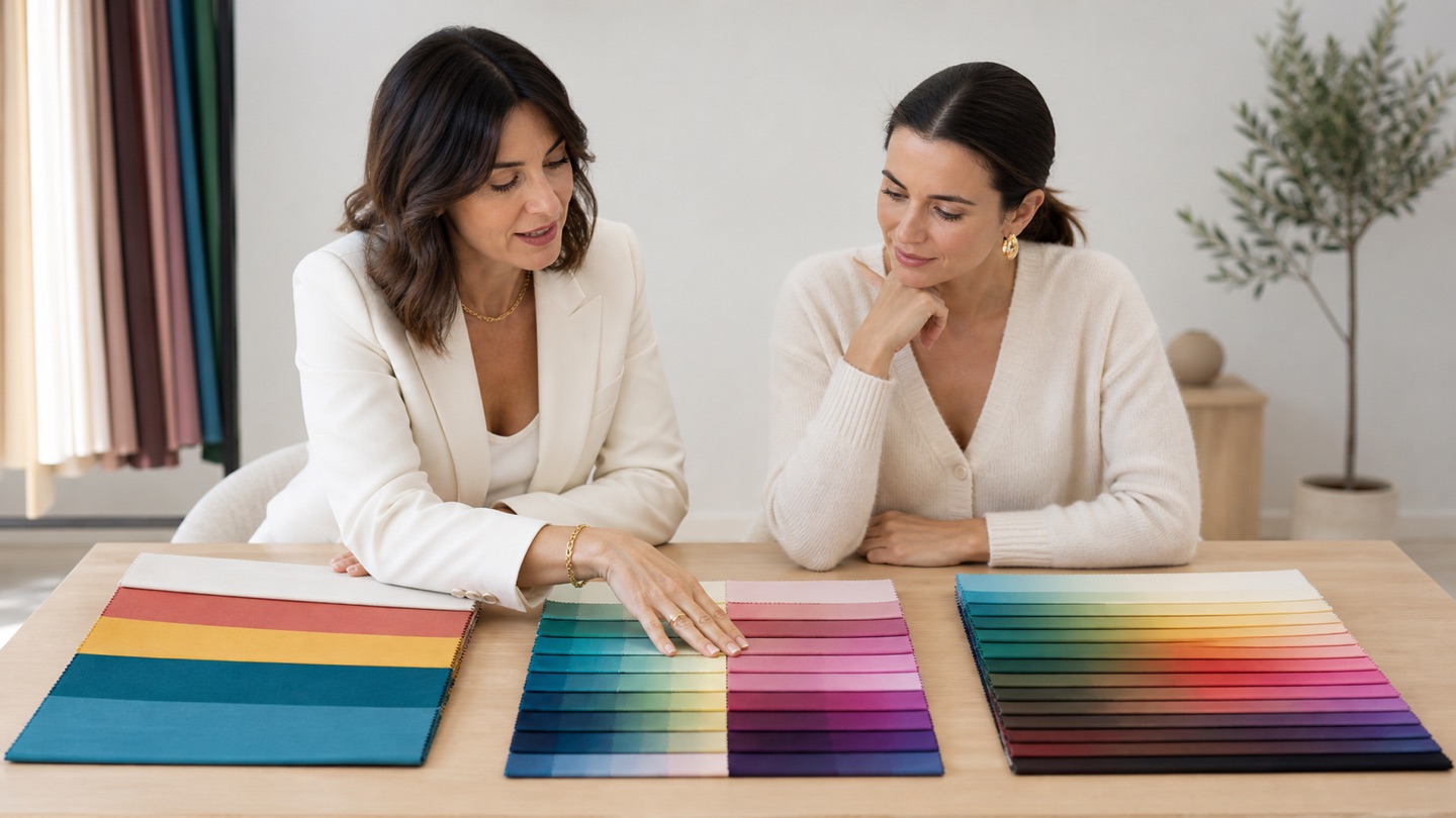 Consulente e cliente adulte confrontano tre sistemi di palette tessili con granularità ampia, intermedia e fine sullo stesso tavolo