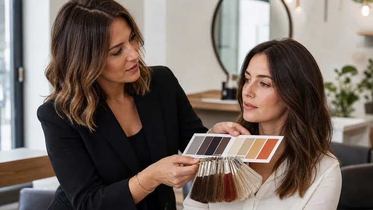 Colorista confronta campioni di capelli e palette cromatica vicino al viso di una cliente adulta in un salone luminoso