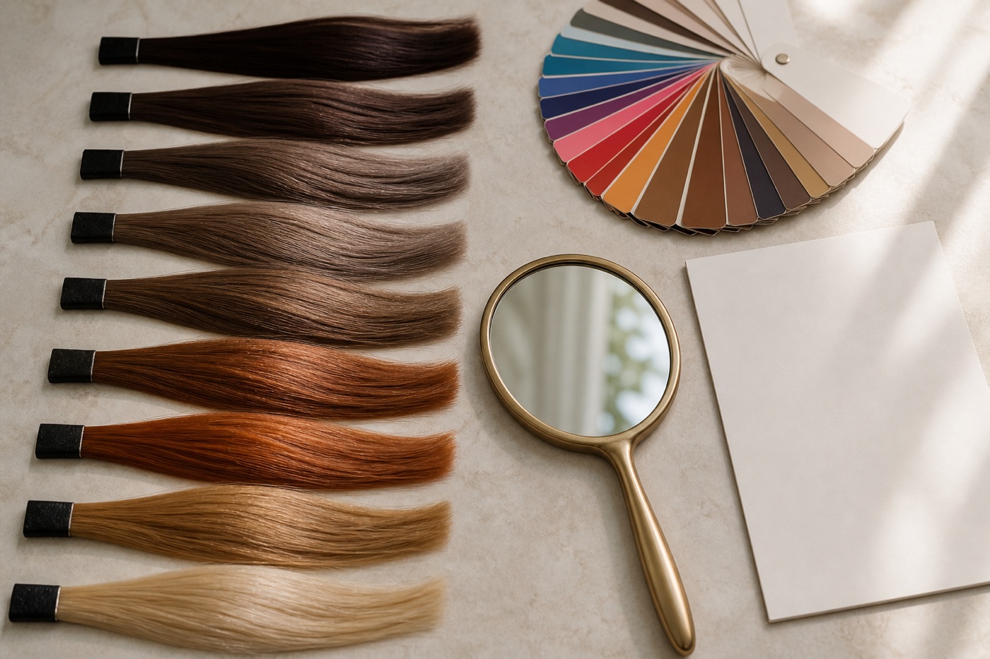 Campioni di capelli dal bruno profondo al biondo con riflessi freddi, neutri e caldi accanto a palette cromatica, specchio e scheda cliente