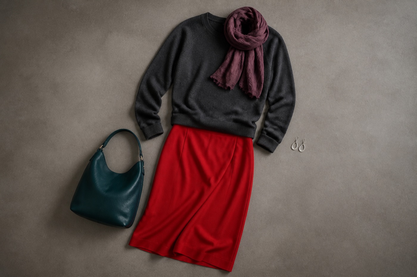 Outfit disposto su fondo neutro con gonna rosso pomodoro, maglia antracite, sciarpa bacca, borsa petrolio e orecchini argento