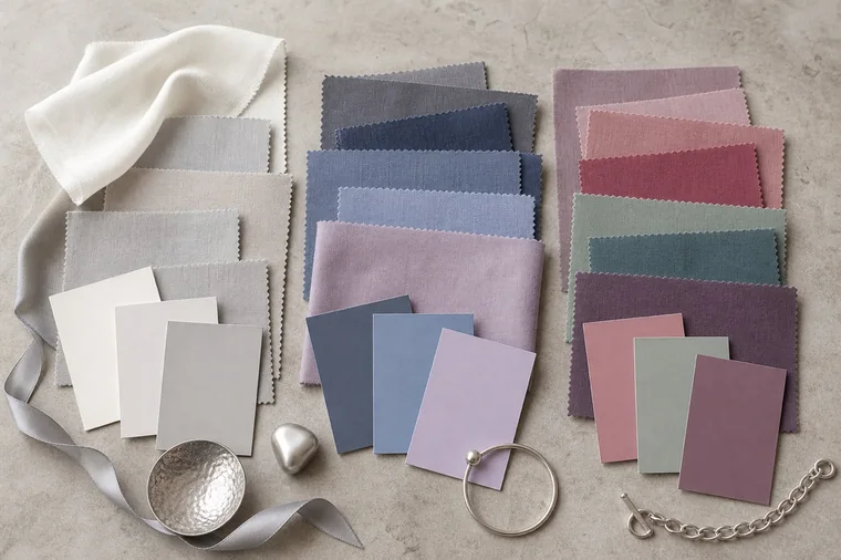 Tessuti perla, grigi, blu, malva, verde attenuato e prugna accostati a piccoli accessori argentati.