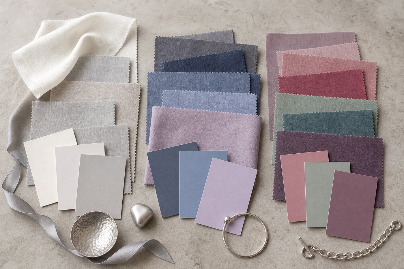 Campioni tessili della famiglia Estate organizzati in gruppi chiari, freddi e soft con blu polvere, lavanda, malva, rosa attenuato, eucalipto, petrolio fumoso e neutri perla