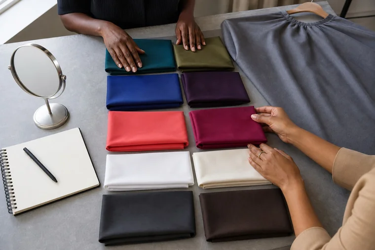 Colorful fabric pairs beside a gray cape, tabletop mirror and notebook.