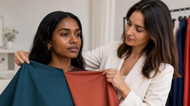 A consultant holds teal and terracotta fabrics beside a woman with a deep skin tone.
