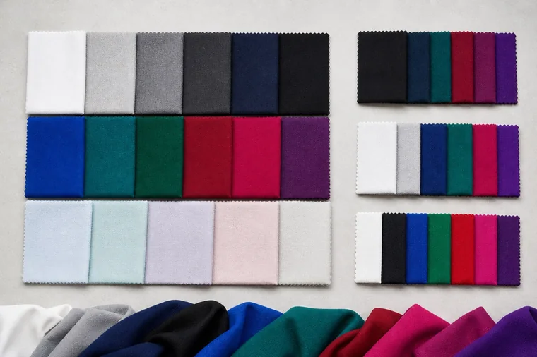 Campioni di tessuto: neutri dal bianco al nero, colori accesi e chiari delicati, con tre raccolte più piccole.