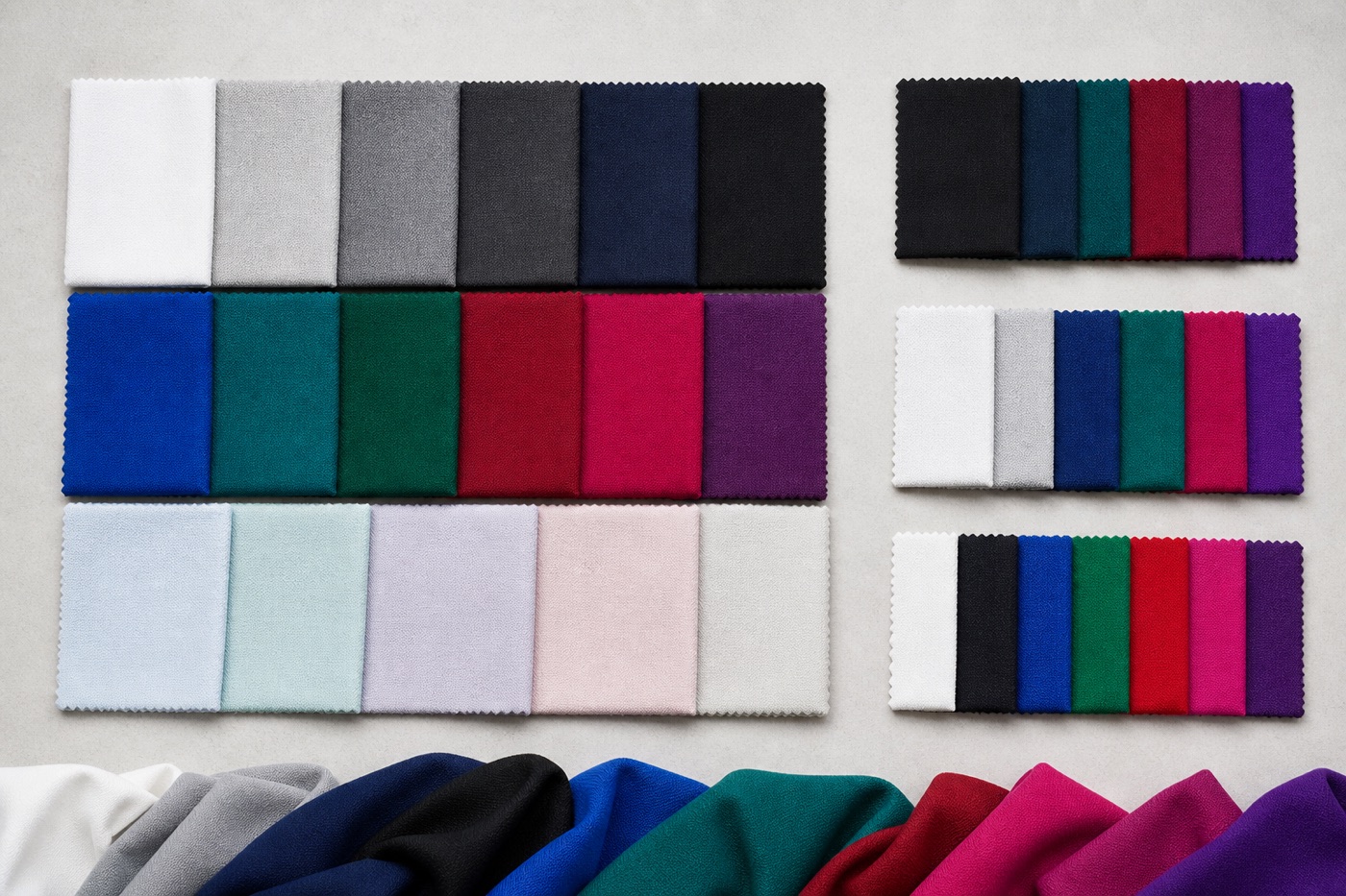 Campioni tessili Inverno organizzati tra neutri netti, colori saturi freddi e chiari ghiacciati con tre gruppi di diversa profondità e intensità