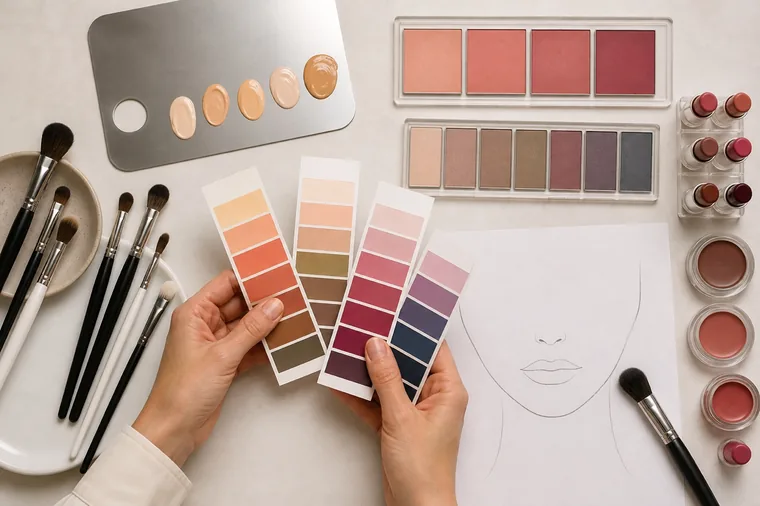 Campioni di colori accanto a fondotinta, blush, ombretti, rossetti e una face chart.
