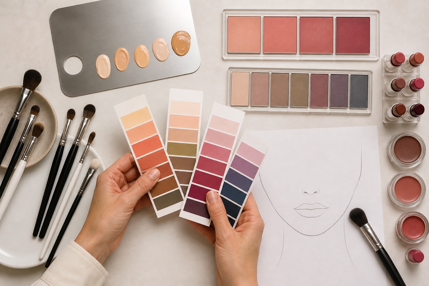 Palette cromatiche calde e fredde confrontate con fondotinta, blush, ombretti, rossetti, pennelli puliti e face chart su un tavolo professionale