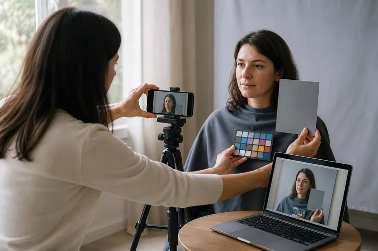 Smartphone su supporto, carta grigia e tavola colori accanto al viso durante la preparazione di una fotografia.