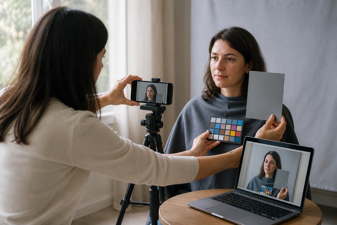 Preparazione controllata di una fotografia per consulenza di armocromia online con luce diffusa, smartphone su supporto, carta grigia, chart colore e confronto su laptop