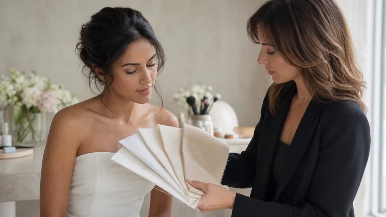 A consultant holds white and ivory fabric swatches beside a bride in a bridal salon.