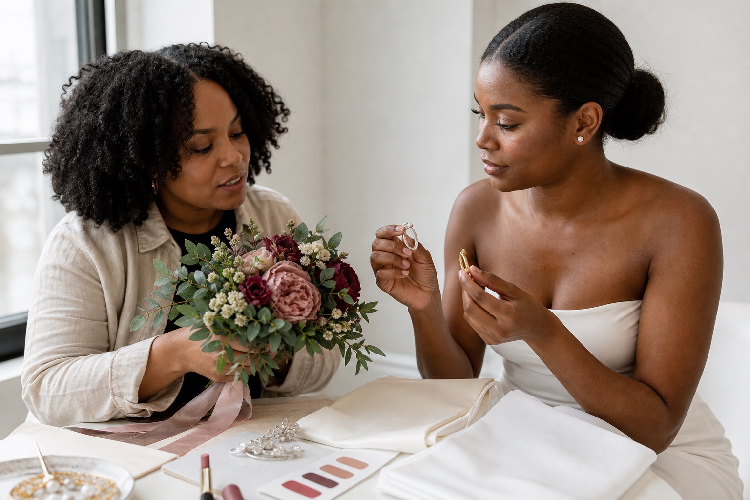 Sposa adulta con incarnato profondo confronta gioielli argento e oro, bouquet, tessuti bianchi e campioni rossetto con una stylist