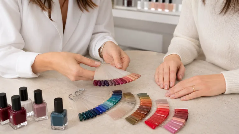 Ventagli di smalti accostati alle mani durante un confronto di colori.