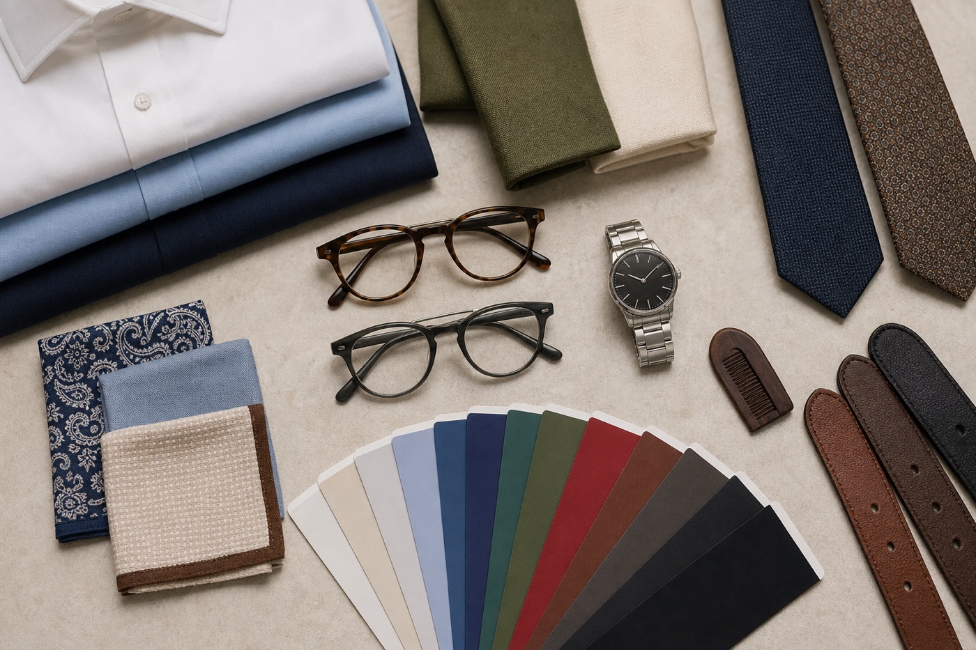 Camicie, cravatte, pochette, occhiali, orologio, cinture e campioni cromatici organizzati per un guardaroba uomo coordinato