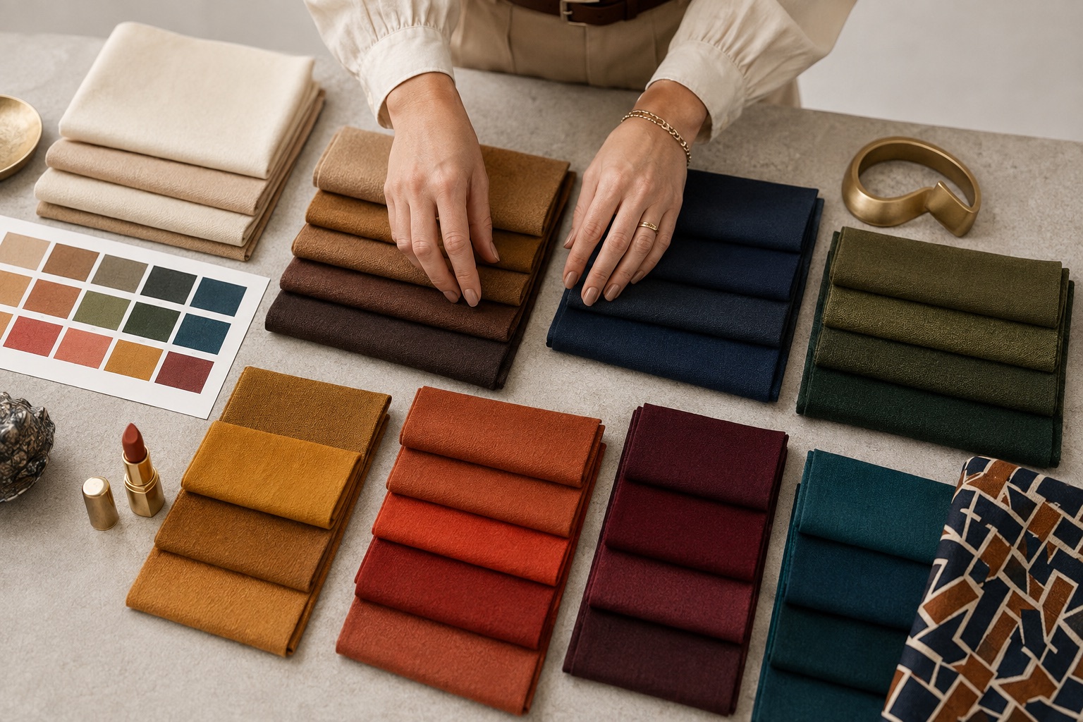 Professional Autumn capsule palette with warm cream, camel, tobacco, chocolate, warm navy, olive, forest, petrol, mustard, rust, burgundy and gold
