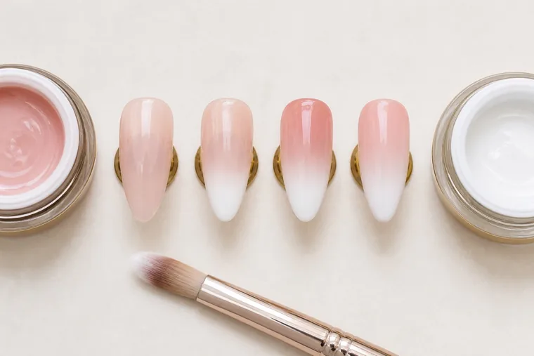 Quattro tip con diverse distribuzioni di rosa e bianco, accanto a vasetti e pennello
