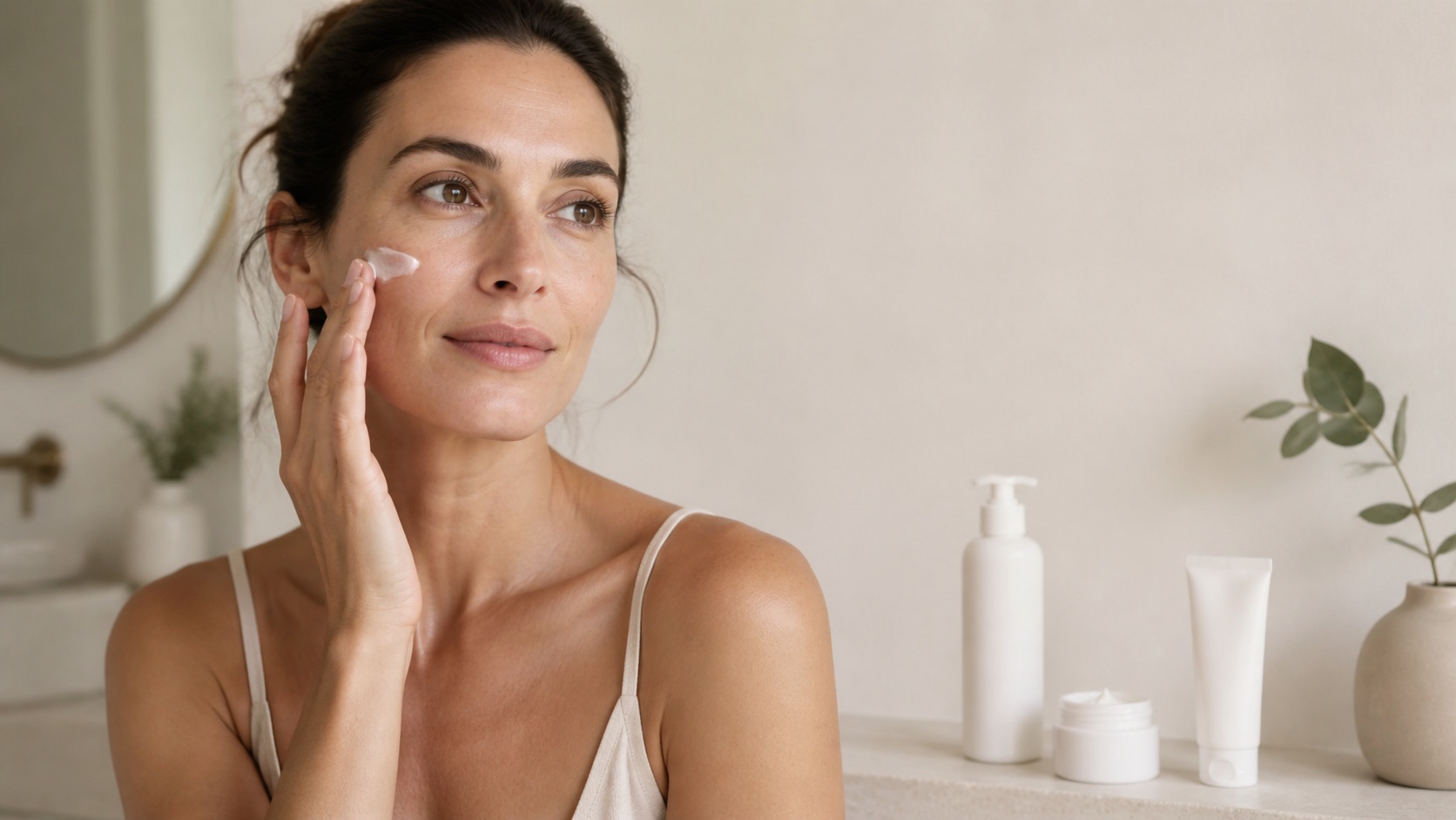 Donna adulta applica delicatamente una crema senza marchio sulla guancia accanto a tre prodotti skincare essenziali