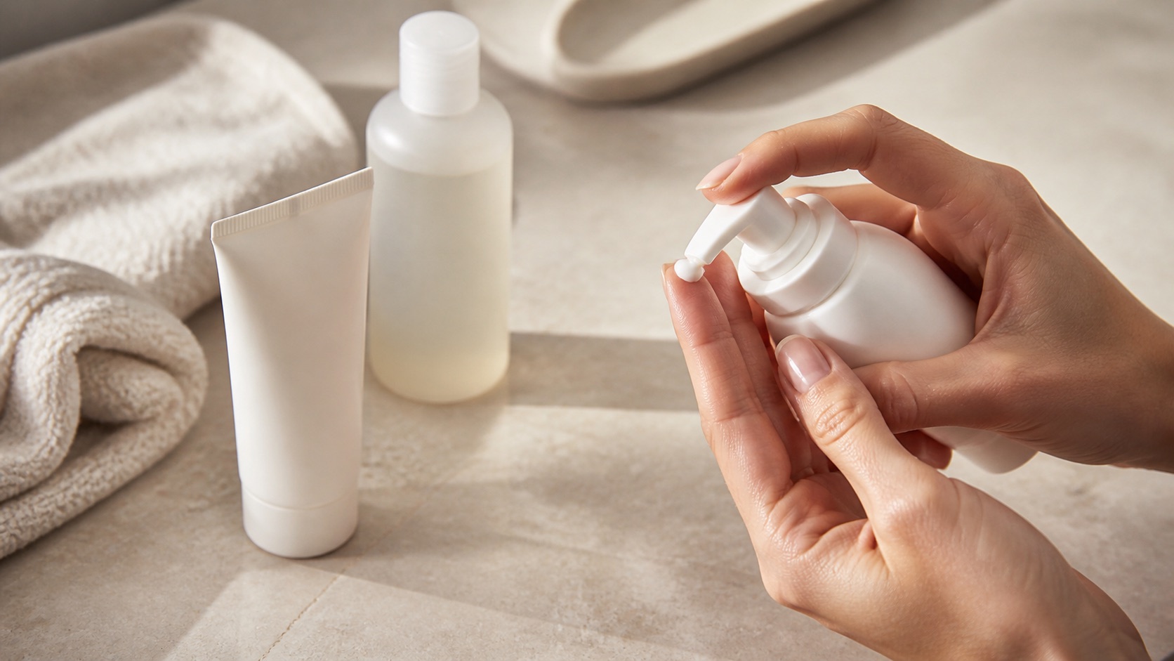 Mani pulite erogano una piccola dose di crema da un flacone senza marchio accanto a detergente e protezione solare
