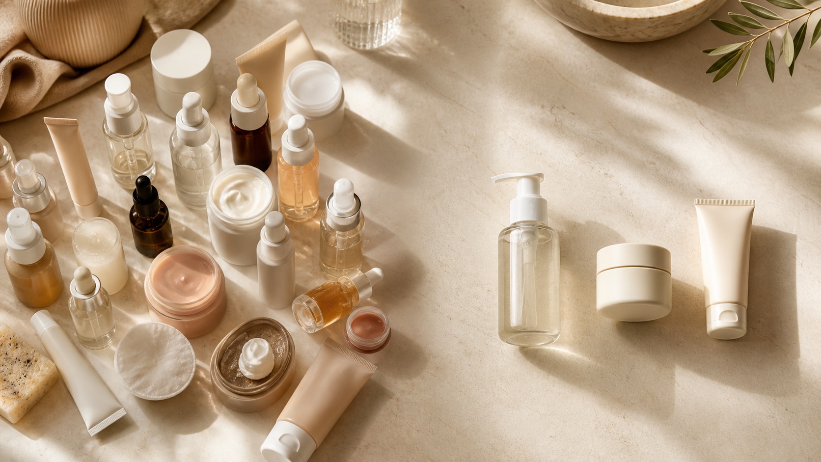 Confronto tra molti cosmetici senza marchio raggruppati e tre prodotti essenziali separati su una superficie neutra
