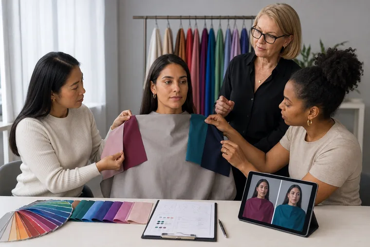 Four women compare drapes near a seated woman's face, with a record sheet and tablet on the table.