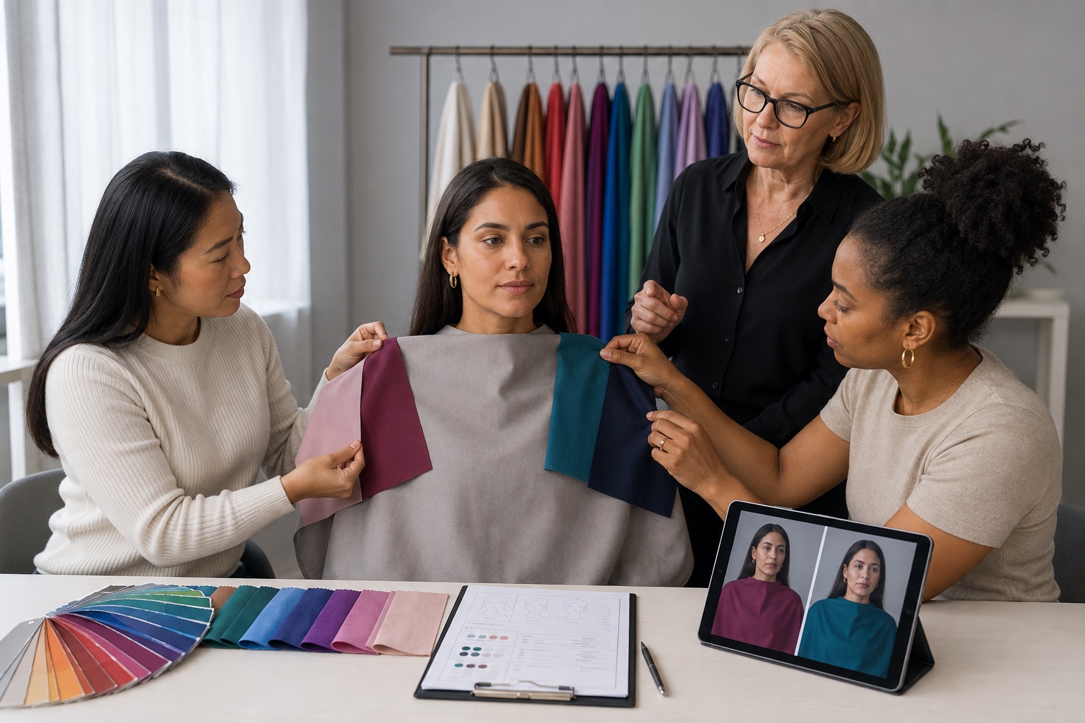 An experienced tutor supervises diverse adult learners practising personal colour draping with a record sheet, palette and comparable photographs
