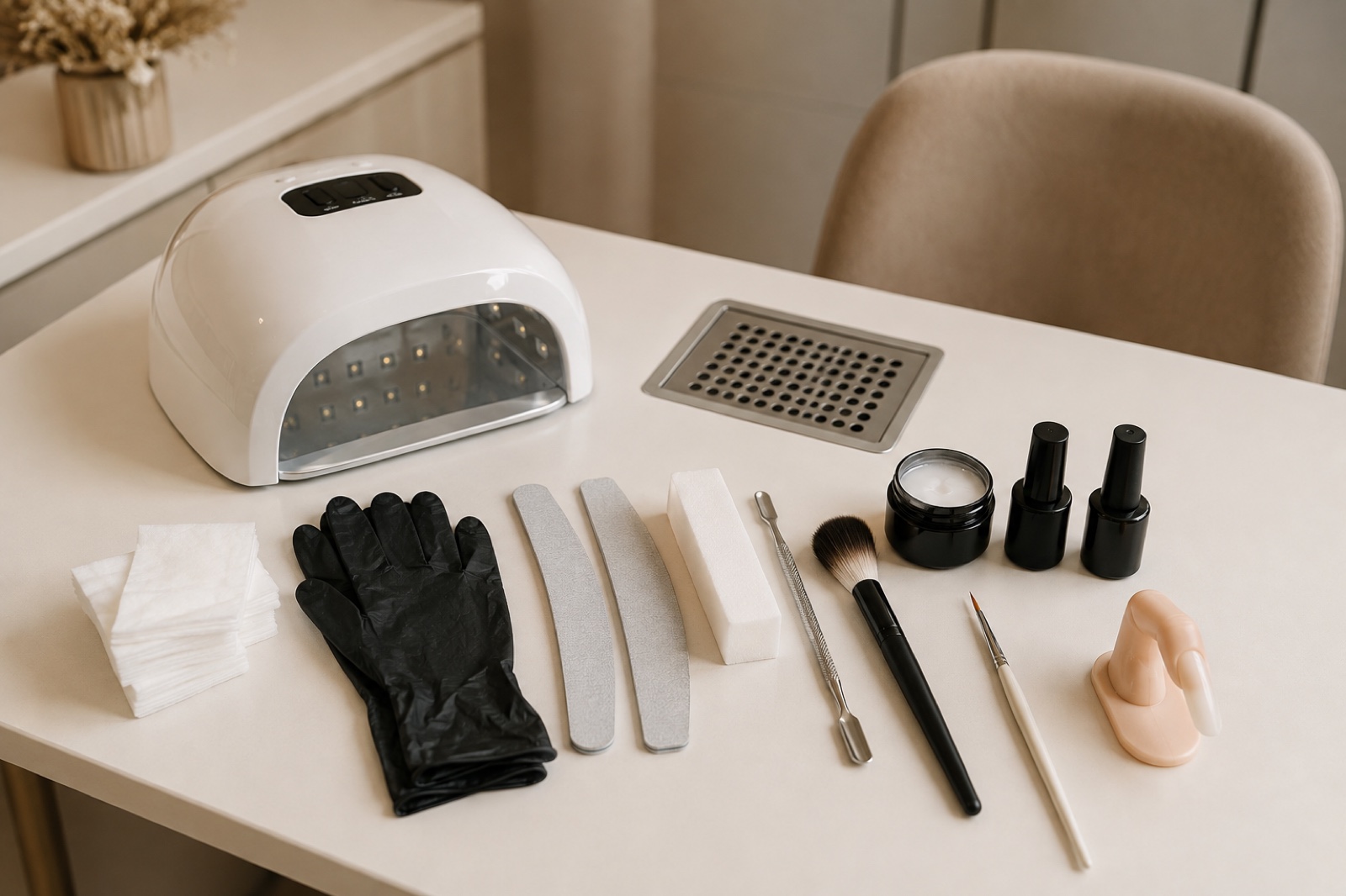 Small coherent beginner nail kit with compatible lamp, hand files, gloves, dust control, three unbranded products and practice finger